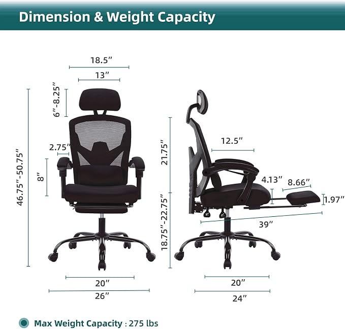 DUMOS Home Office Desk Chair, Gaming Chair with Footrest | High-Back Mesh, 360° Rolling Swivel Wheels, Comfortable Headrest, Lumbar Support, Student, Inky - Image 2