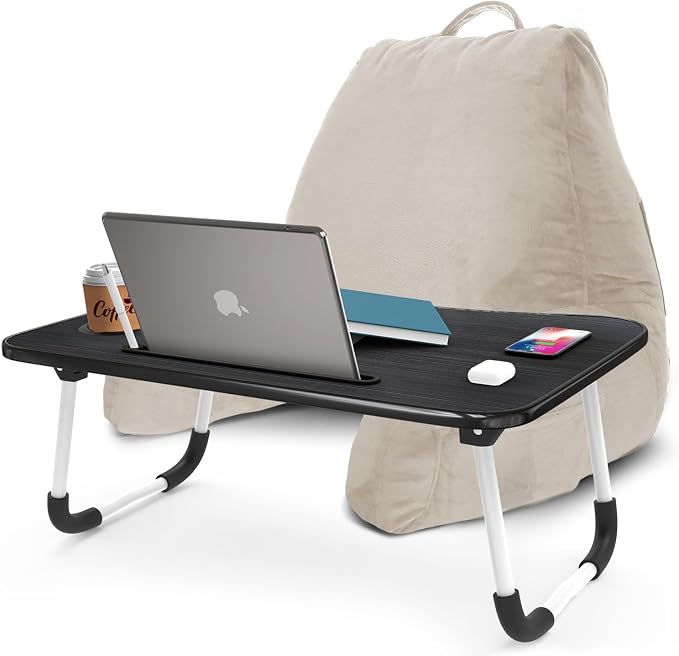 Nestl Reading Pillow with Portable Laptop Lap Desk - Shredded Memory Foam Back Support Pillow for Sitting Up in Bed and Couch Rest Pillows with Arms, Bed Tray Table with Foldable Legs, Linen by Nestl