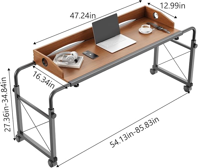Overbed Table with Wheels, Adjustable Queen & King Bed Desk, Oaken - Image 2