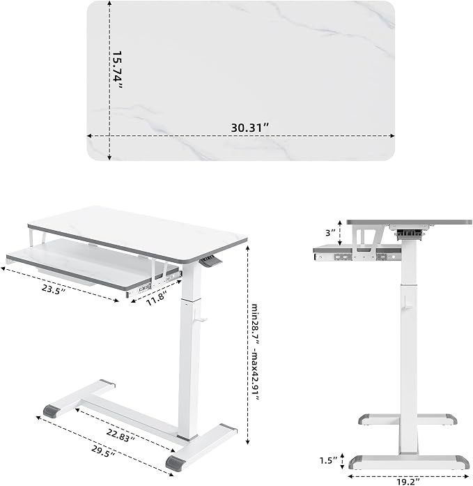 ETHU Overbed Table with Wheels, Medical Table with Drawer, Hospital Bed Table, Workstation Desk, Adjustable Overbed Bedside Rolling Laptop Desk, Marble White - Image 4