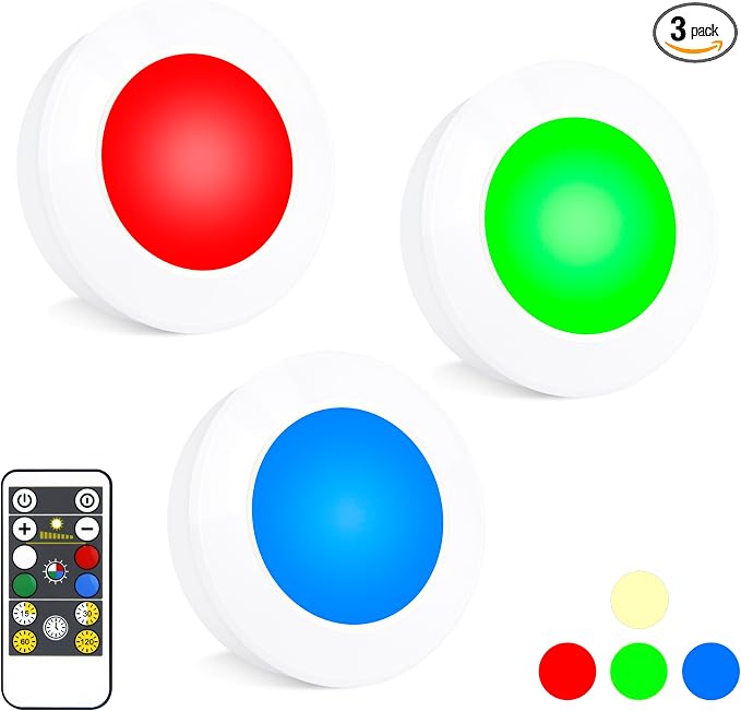Puck Lights with Remote , Wireless Under Cabinet Lighting,Color Changing Tap Lights with Dimmer and Timer, AAA Battery Operated Light Push Lights Stick on for Closet, Bedroom Wall, Under Cabinet by BIGMONATWirelessLEDLight