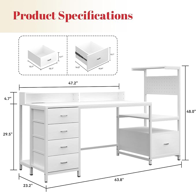 Computer Desk with Drawers, Home Office Desk with Storage Shelves, Charging Station, Corner Gaming Desk with Pegboard for Workspace, White - Image 2