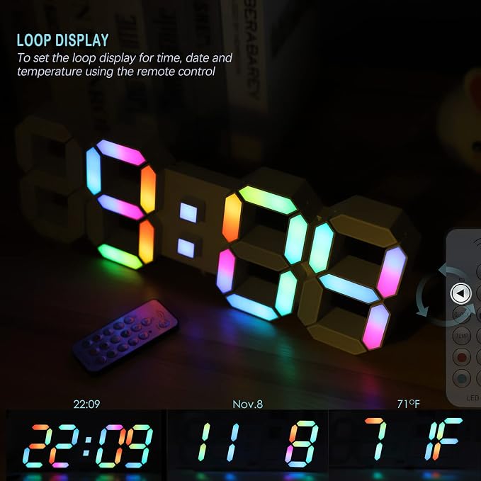 KOSUMOSU LED Wall Clock 15" RGB Digital LED Clock for Living Room Decor, Large Display Gaming Room Clocks, Dimming/12/24 Hr Time/Date/Temp/Remote (White Clock with Neon Light) - Image 6