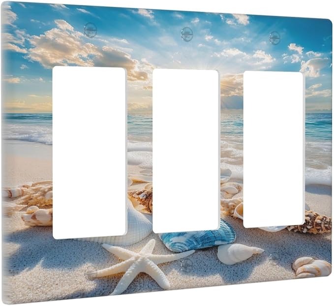 Decorative Outlet Covers Beach Starfish Seashell 3 Gang Gfci Wall Plate Triple Rocker Light Switch Covers Summer Sea Ocean Electrical Receptacle Switchplate Plug Faceplate for Bedroom - Image 2