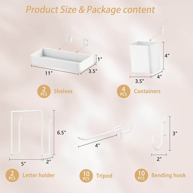 FZK 28-Packs Peg Board Organizer Accessories Kit, White | Includes ABS bins, shelves, book racks, and pegboard hooks, fits standard pegboards, ideal for home, office and craft room - Image 2
