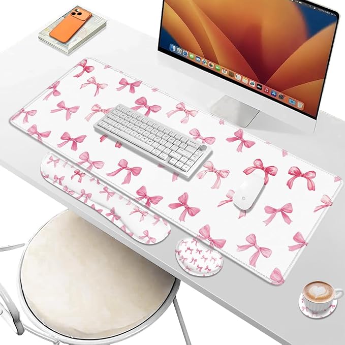 Desk Pad and Keyboard Wrist Rest, Large Mouse Pad + Keyboard Pad+Mouse Wrist Support, Non-Slip Desk Mat Protector for Office, Home 31.5×11.8 Inches Pink Bow - Image 6