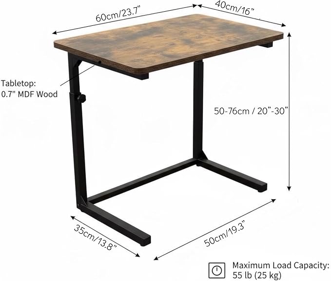 Height Adjustable C-Shaped Sofa Side Table, Laptop Table for Couch & Bed, Rustic Brown - Image 2