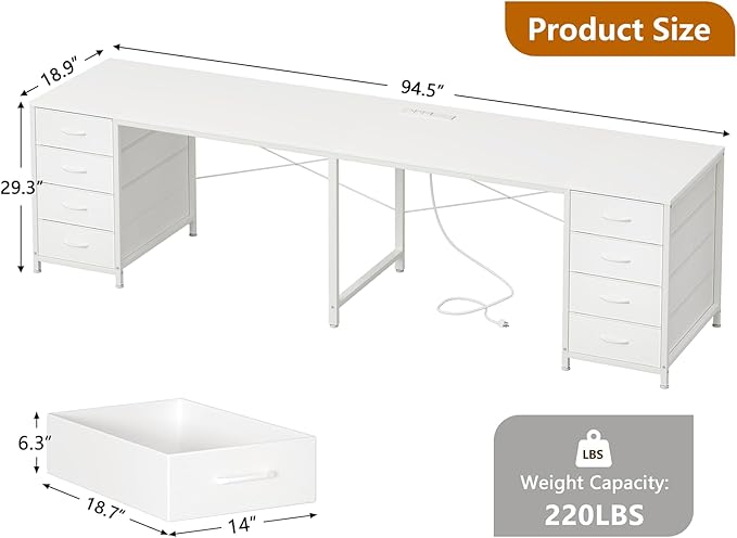 95" 2 Person Desk with 8 Fabric Drawers for Home Office, Living Room - Image 2