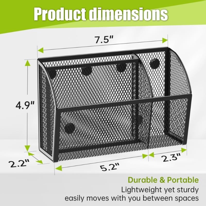 YINGHUA 3 Compartment Magnetic Metal Mesh Pen Holder, Black Desk Caddy - Image 2
