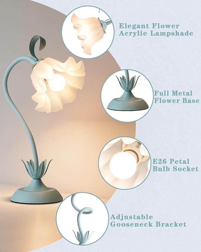 WERFOP Flower Table Lamp Cute Desk Lamp for Bedroom Home Decor (Blue) - Image 3