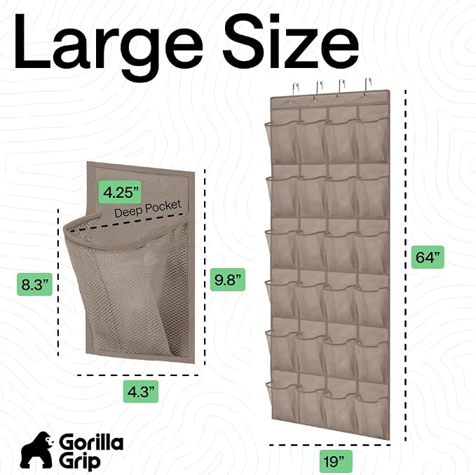 GORILLA GRIP Over the Door Shoe Organizer, 24 Large Pockets, Beige - Image 7