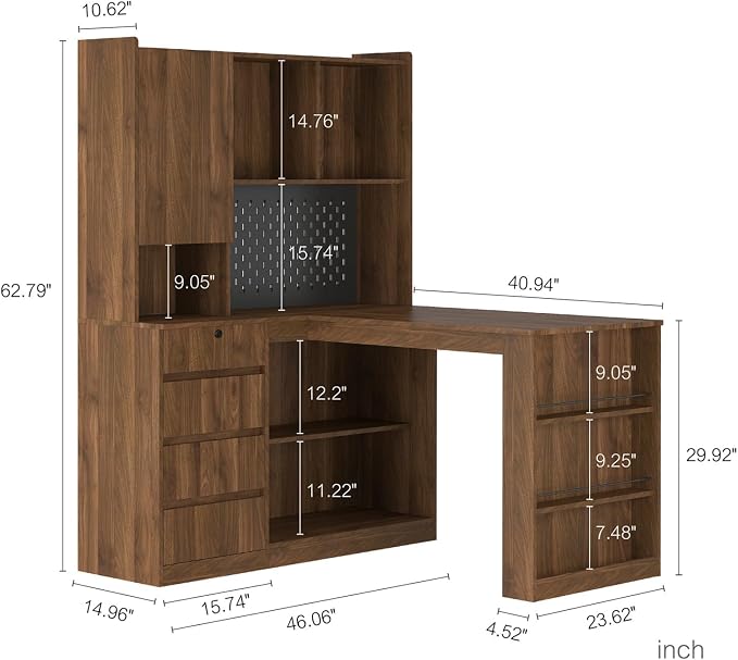 KEIKI L Shaped Home Office Desks with LED Light, Pegboard, Hutch, Drawers, Bookshelf & Storage Shelves, Modern Wooden Gaming Computer Corner Table for Work, Study, Writing - Image 2