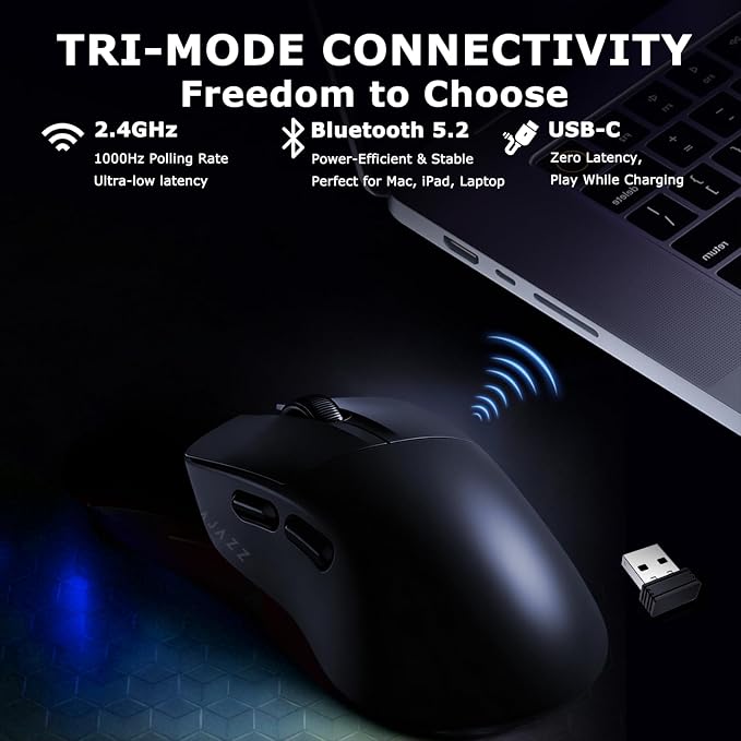 AJ179 V2 Wireless Gaming Mouse, Tri-Mode 2.4G/Bluetooth/Wired, 800mAh Battery Inside a 61g Ultra-Light Shell, 24000 DPI, 6 Programmable Buttons, Right-Handed Ergonomic, On-Board Memory – Black - Image 4