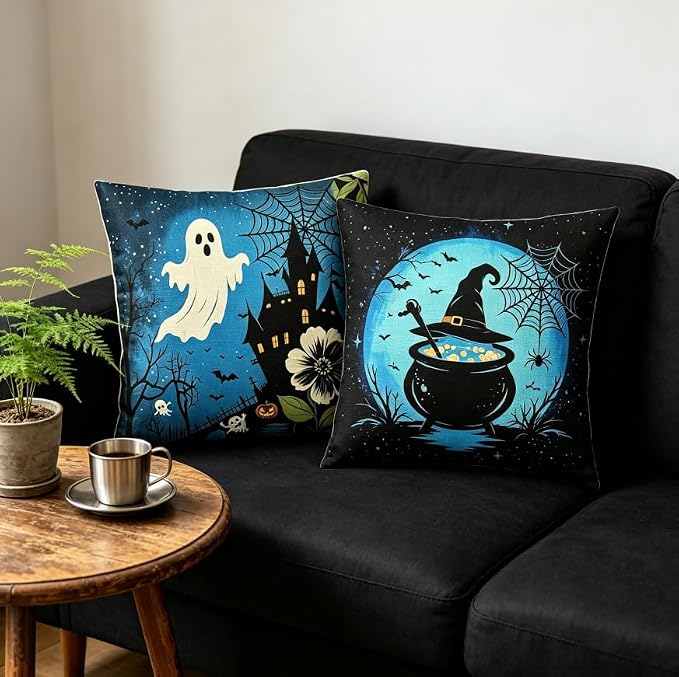 Halloween Throw Pillow Covers, Ghost and Witch Cauldron Design, Linen, 18x18 Inch, Set of 2 - Image 5