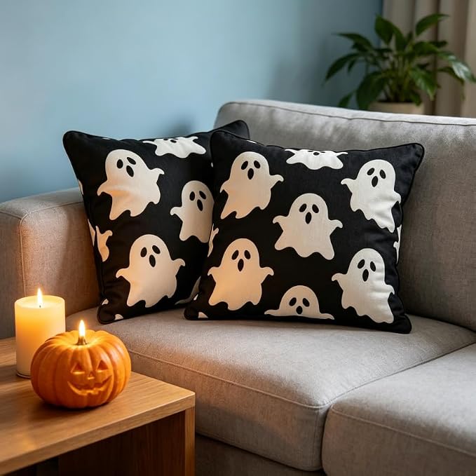 Halloween Ghost Throw Pillow Covers, Black, Linen, 18x18 Inch, Set of 2, Machine Washable, Living Room Decor - Image 6