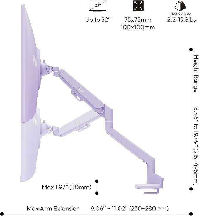 Pixio PS1S Wave Purple Single Monitor Arm Stand Desk Mount - Fits up to 32 inches Monitors and up to 19.8lbs. VESA Compatibility and Integrated Cable Management - Image 4