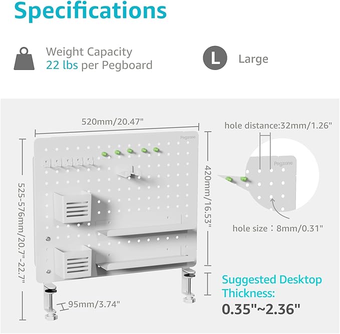 PEGZONE Clamp on Desk Pegboard, 20.4" x 16.5", with 15 Accessories, White | Magnetic Metal Peg Board, Desk Organizer for Office Gaming Home, Privacy Panel, Large - Image 5