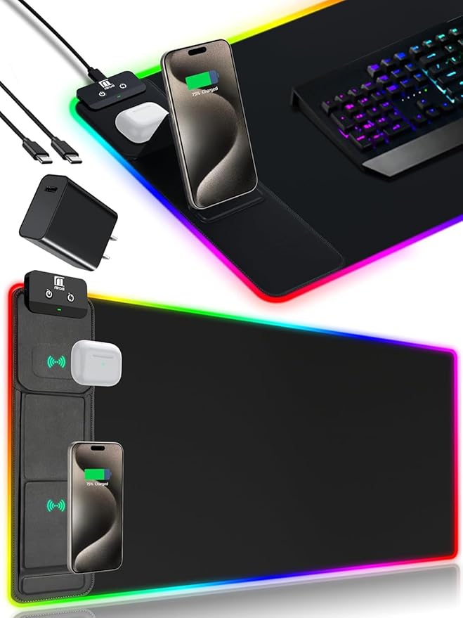 XXL Mouse Pad with Phone Holder - Black, RGB Desk Mat with 15W Fast Charging, LED Gaming Mousepad with 11 Light Colors, Waterproof Non-Slip Pad for Office & Home (Black with PD Adapter) by miroddi