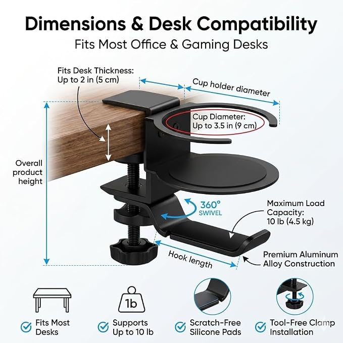 Foldable Aluminum Under Desk Headphone Hanger with Cup Holder, 2-in-1 Clamp-on Headset Stand & Drink Holder, Heavy Duty Gaming Headphone Hook for Office, Home, Gaming Desk - Black - Image 4