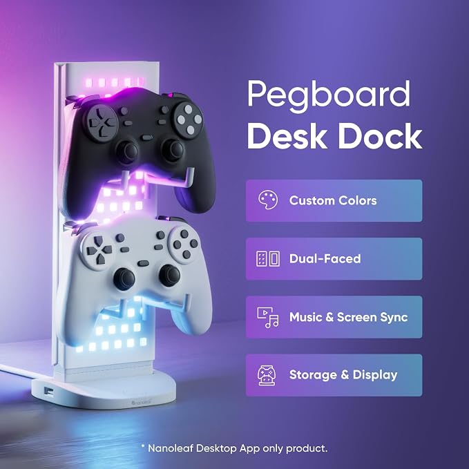 Nanoleaf Pegboard Desk Dock, 3-in-1 Smart Table Lamp, 64 RGB LEDs | Dual-Sided LED Lamp with Music Sync for Living Room, Gaming, 16M+ Colors, 50lm, Works with Nanoleaf Desktop App, White - Image 2