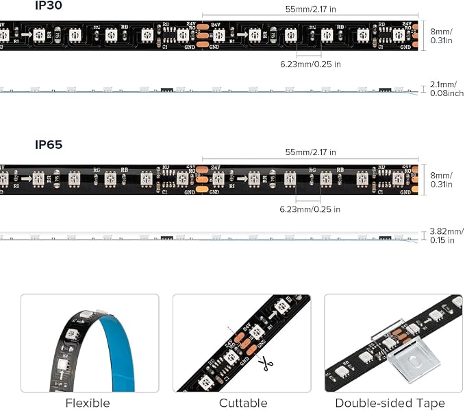 BTF-LIGHTING WS2811 IC RGB 16.4FT DC24V 108LED/m 8mm Width LED Strip Light - Image 3