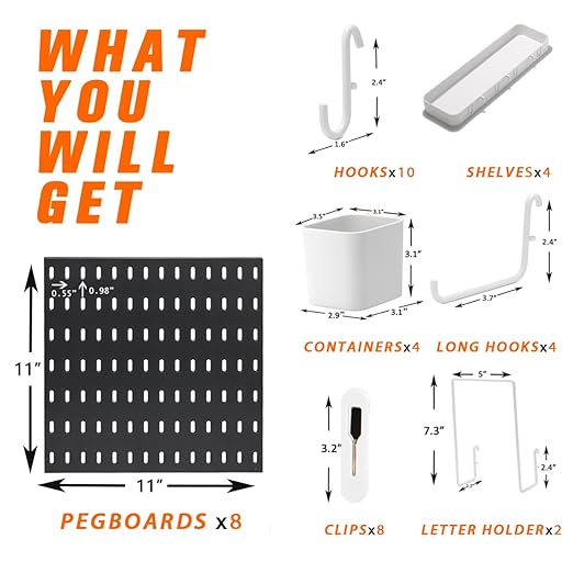 Pegboard Combination Kit, 8 Peg Boards and 30 Accessories Modular Hanging Black Pegboard for Wall, Office Organizer, Keys Holder, Nursery Storage, 44"x22" - Image 3