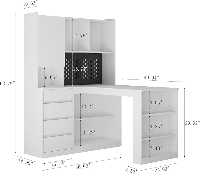 KEIKI L Shaped Home Office Desks with LED Light, Pegboard, Hutch, Drawers, Bookshelf & Storage Shelves, Modern Wooden Gaming Computer Corner Table for Work, Study, Writing - Image 2