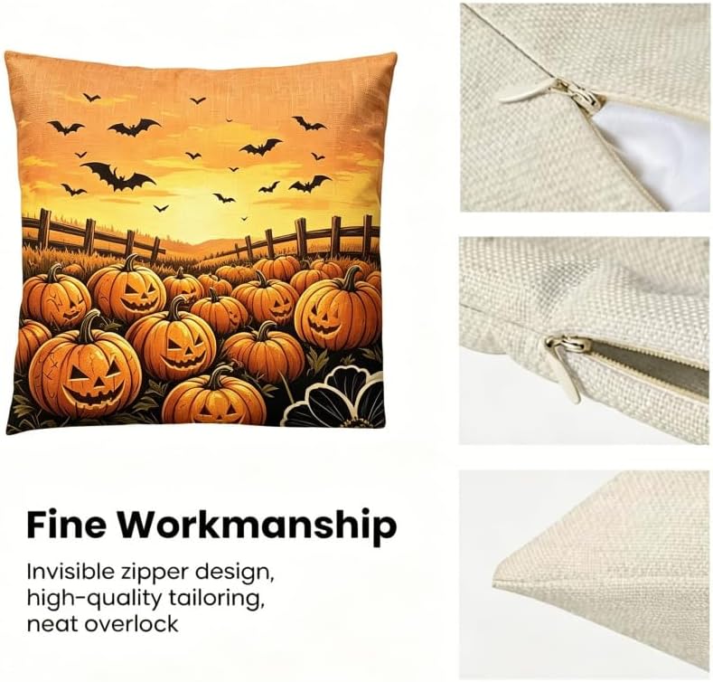 Halloween Throw Pillow Covers, Pumpkin and Witch Design, Linen, 18x18 Inch, Set of 2, Multicolor - Image 5
