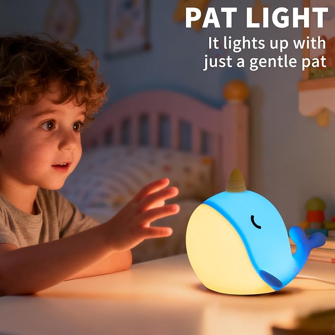 Cute Narwhal Night Light, Tap Control with 3 Warm White Brightness, USB Kids Bed Lamp with 30-Minute Timer, Soft Silicone Glow for Nursery, Birthday Gift, Blue - Image 5