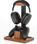 Headphone Stand and Controller Holder, 2-in-1 Walnut Wood Gaming Desk Organizer Compatible with Controllers, Display Mount for AirPods Max, Bose, Sennheiser, Gift for Gamers by Tuykay