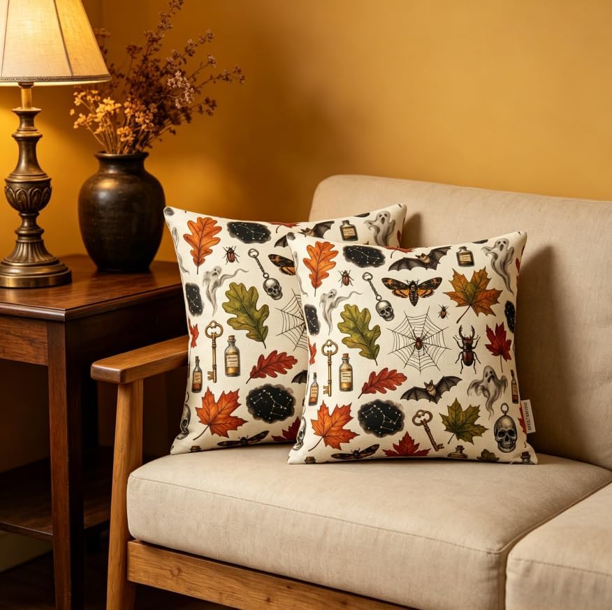 Halloween Throw Pillow Covers, Spooky Vintage Pattern, Linen, 18x18 Inch, Set of 2, Machine Washable, Living Room Decor - Image 2