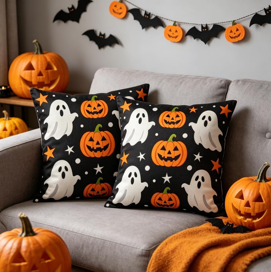 Halloween Ghost Throw Pillow Covers, Black, Linen, 18x18 Inch, Set of 2, Machine Washable, Square, Living Room - Image 6
