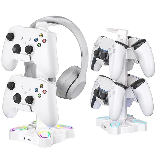 KDD Gaming Headphones Stand, Rotatable Headset Stand with Light Modes - Controller Holder with 2 USB Charging Ports and 3.5mm - Earphone Hanger Accessories for Desktop Gamer(White) by KDD