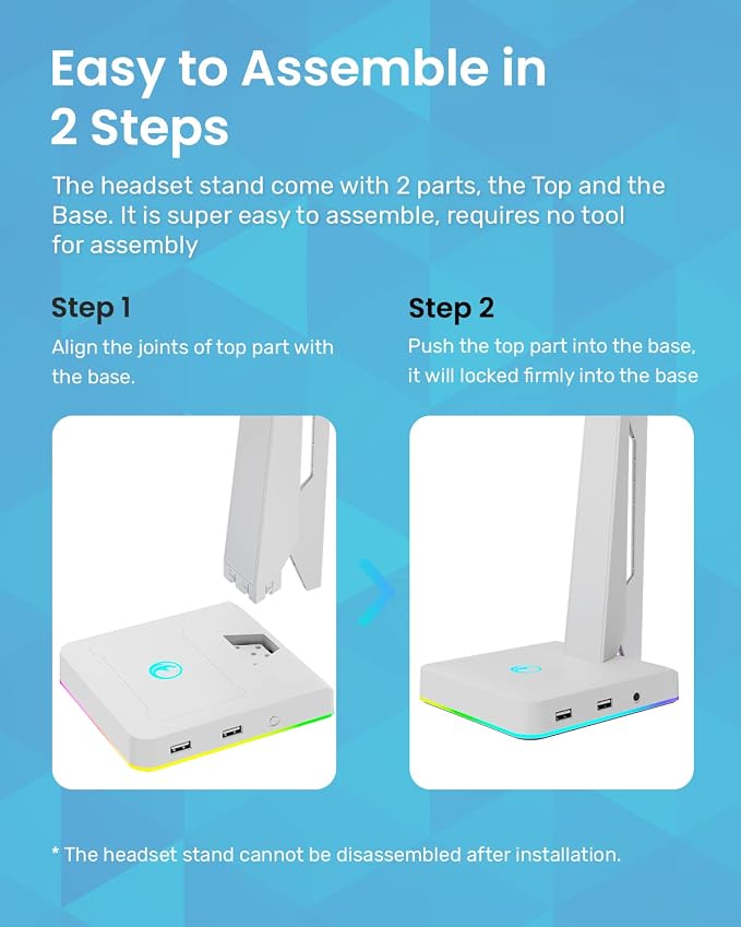 IFYOO RGB Gaming Headset Stand with 2 USB Ports, Game Headphone Mount for PC, Xbox One, PS4, Switch, Earphone Holder Hanger, Great for Gaming Stations, Fancy Desk Gamer Accessories, White - Image 6