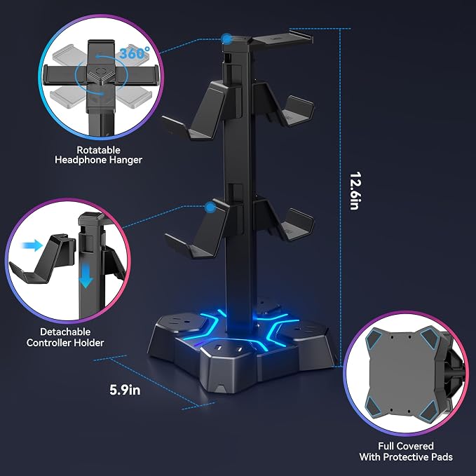 KDD Headphone Stand with USB Charger, Controller Stand for Desk, Headphone Holder with 2 USB Charging Ports and 3 AC Outlets, Accessories for Desktop(Black) - Image 7
