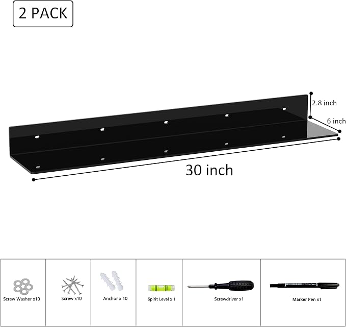 Sezanrpt 30 Inches Acrylic Long Wall Shelf Set of 2, Black Wall Mounted Acrylic Bathroom Storage Shelves Display Organizer, 2 Pack(30 Inch) - Image 3