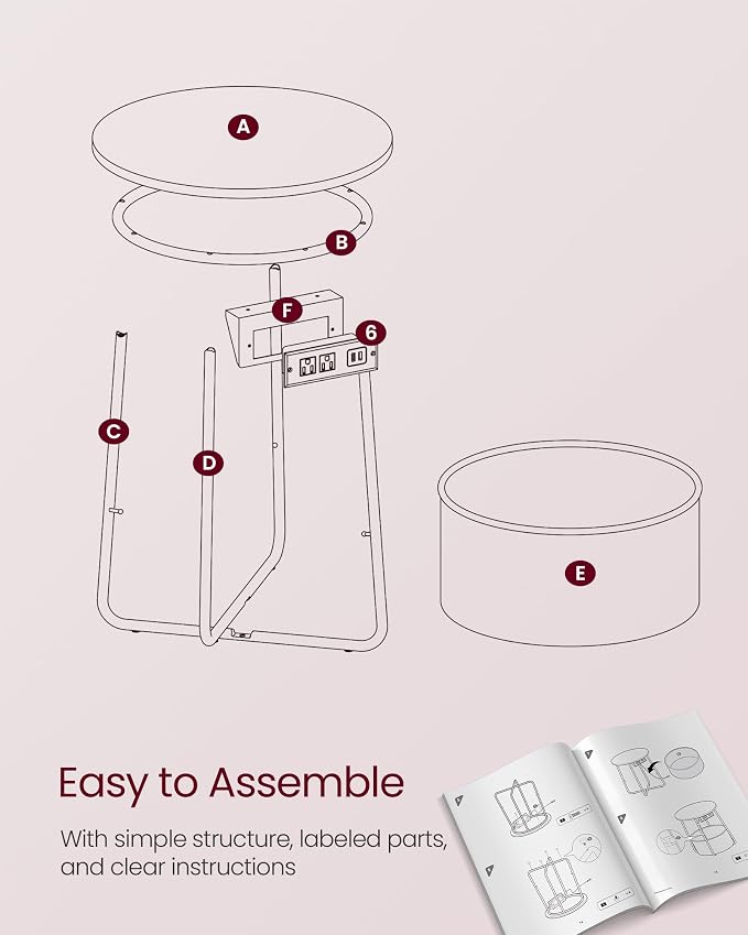 VASAGLE Side Table with Charging Station,Fabric Basket, Round End Table - Image 8