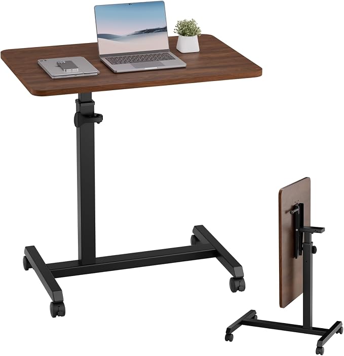 GTPLAYER Small Standing Desk, 24 Inches Foldable Mobile Rolling Laptop PC Table with Lockable Casters, Adjustable Height Overbed Bedside Table Computer Workstation for Home Office, Walnut-Foldable by GTPLAYER