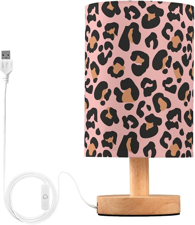 Bedside Table Lamp Pink Leopard Nightstand Lamp with Wood Animal Cheetah Print Desk Lamps for Bedroom Living Room Nursery Office Home Decor by Oarencol
