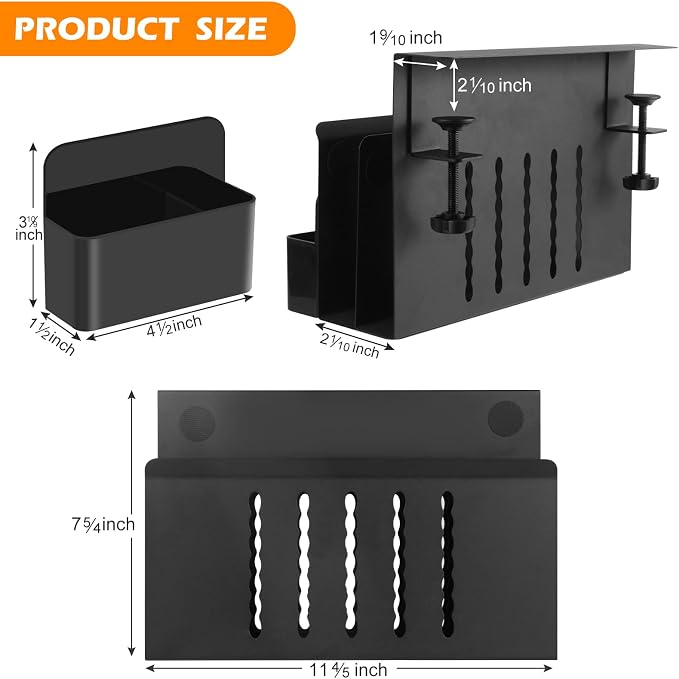 Desk Side Storage, 2 Tier Steel Hanging Organizer, No Drill Side Desk Organizer, Laptop Holder, with Pen Holder, For Office Supplies & Studio Essentials Black - Image 2