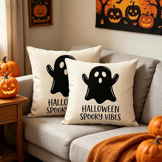 Halloween Ghost Throw Pillow Covers, Linen, 18x18 Inch, Set of 2, Spooky Vibes Design, Square, Machine Washable - Image 3