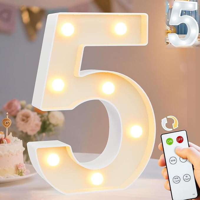 Pooqla LED Light Up Numbers, Marquee Number with Remote for 5th Birthday Decoration, Lighted Numbers Gift for Boys Girls Party Backdrop Wedding Anniversary Decor, Warm White and Cool White Number 5 by Pooqla