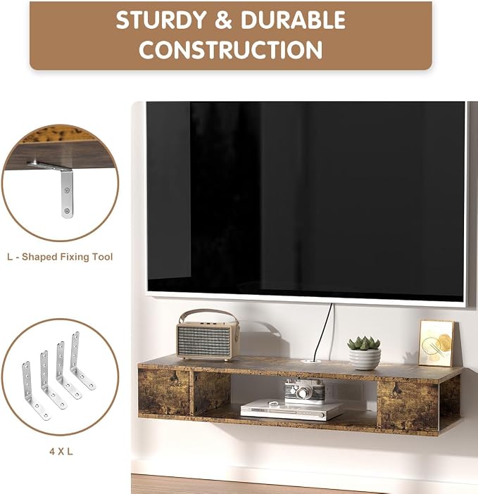 GHC Floating TV Stand, Wall Mounted Entertainment Center and Cabinet Shelf, TV Console with Storage, Media Console for DVD Player, Space-Saving Under TV Shelf for Bedroom (Rustic Brown) - Image 5