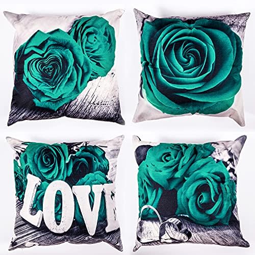 Emerald Green Pillow Covers 20x20” Set of 4, Rose Floral Decorative Pillow Cover Throw for Bedroom Sofa Couch Green Flower Cushion Pillowcase Outdoor Patio Cotton Linen Square Home Furniture Decor by YOOOAHU