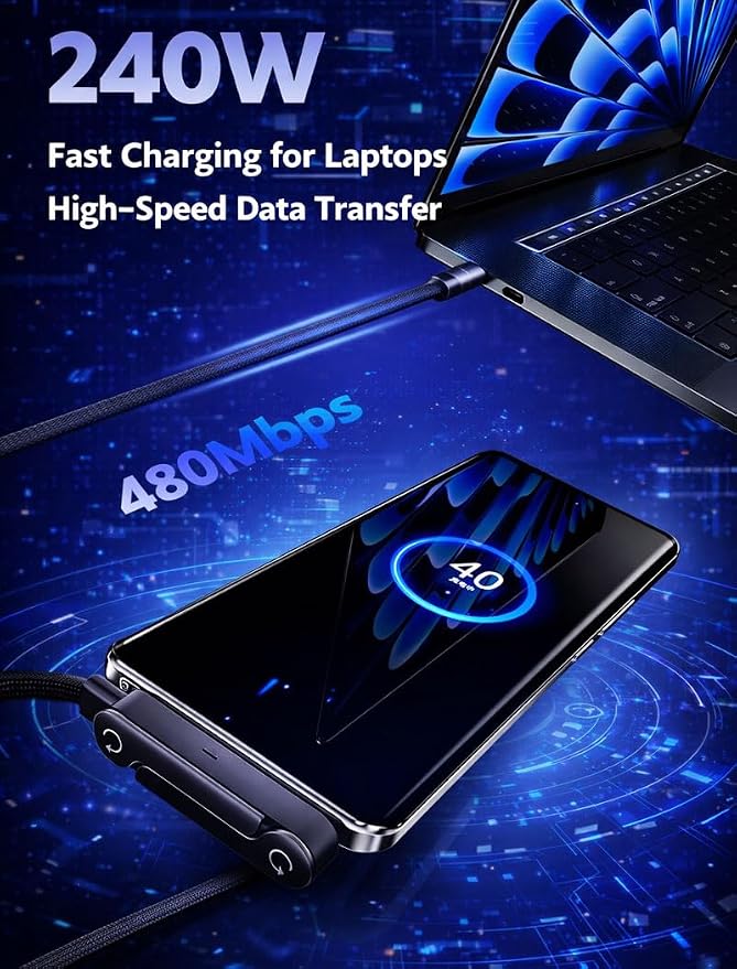 Invisible Holder Charger Cable, 240W Super Fast Charging with Stand, Built-in Phone Support Fast Charging Cord, Type C Braided Design for Gaming Office Travel (A to Type - C) - Image 4