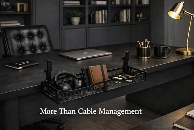 Under Desk Cable Management Tray – 25” Metal Cable Organizer with Clamp Mount, No Drill Wire Management Rack for Office & Home Desk (Black) - Image 7