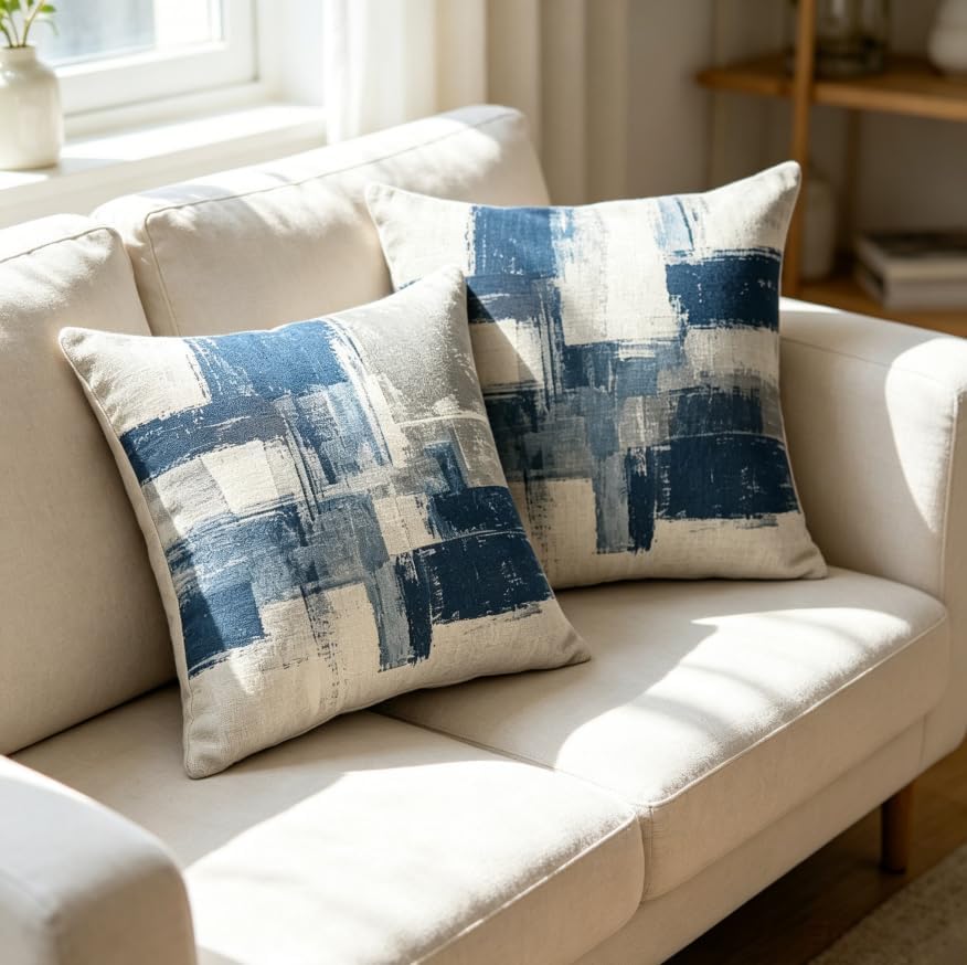 18X18 Inches Abstract Blue Linen Throw Pillow Covers Set of 2, 45x45cm - Image 5