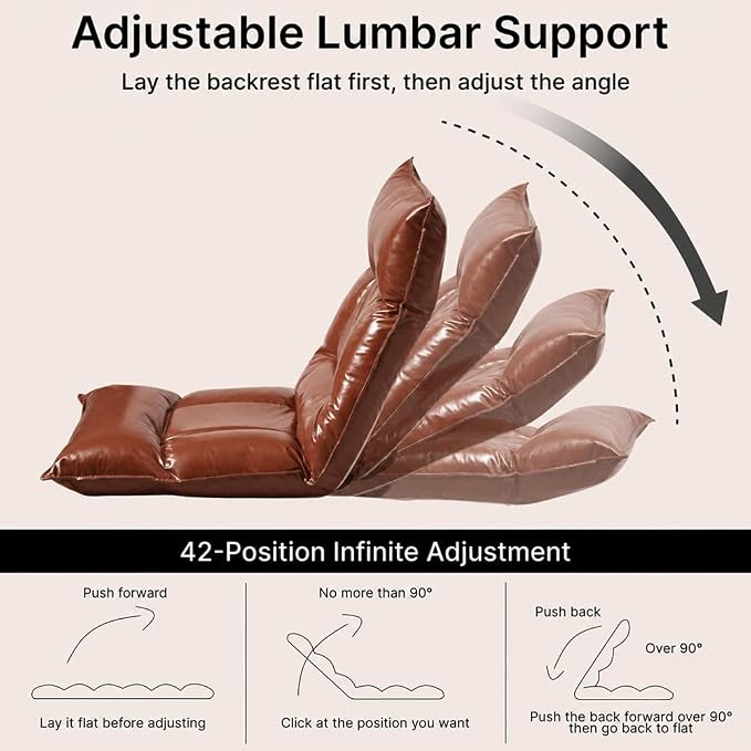 Floor Chair with Back Support, 42-Position Adjustable Gaming Chair for Adults, Faux Leather Floor Lounger, Reading Chairs with Neck Support, Foldable Floor Seat for Sleeping, Gaming (Brown) - Image 4