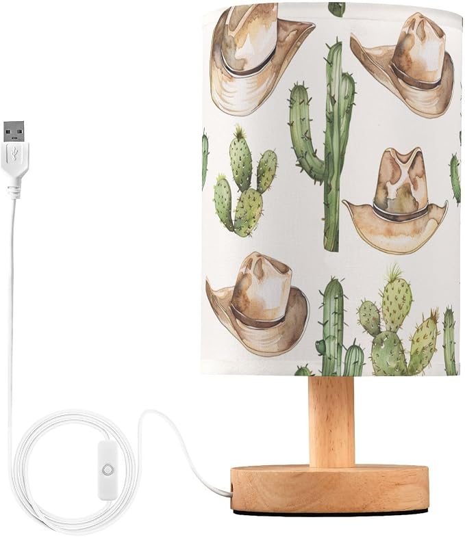 Bedside Table Lamp Western Cowboy Desert Cactus Nightstand Lamp with Wood Desk Lamps for Bedroom Living Room Nursery Office Home Decor by Oarencol