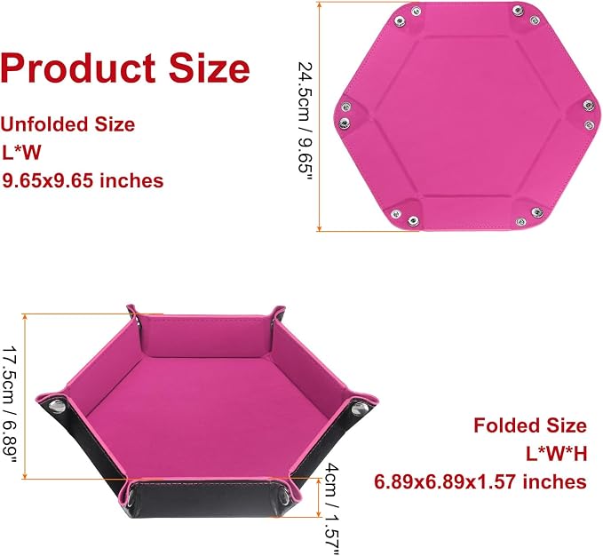 HARFINGTON PU Leather Dice Tray Unisex Valet Tray Folding Hexagon Tray Portable Entryway Table Nightstand Bedside Desk Holder for Key Wallet Watch Coin Jewelry, Pink - Image 2